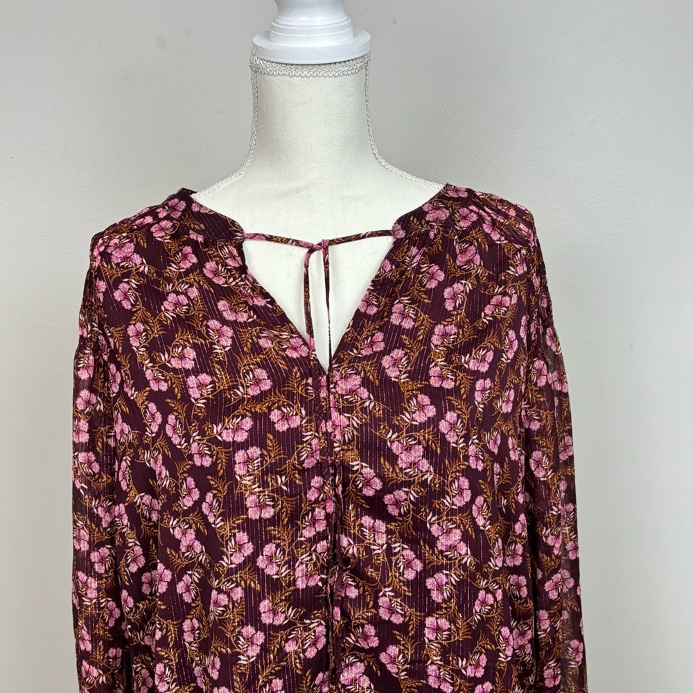 Loft Top Medium Burgundy Floral Lined V-Neck Tie Front Long Sleeve Blouse - Picture 2 of 11